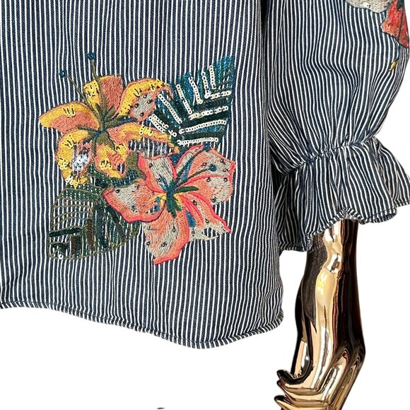 Zara Blue White Striped Embroidered Top Ruffle Sleeve Sequin Detail Medium - Picture 7 of 10